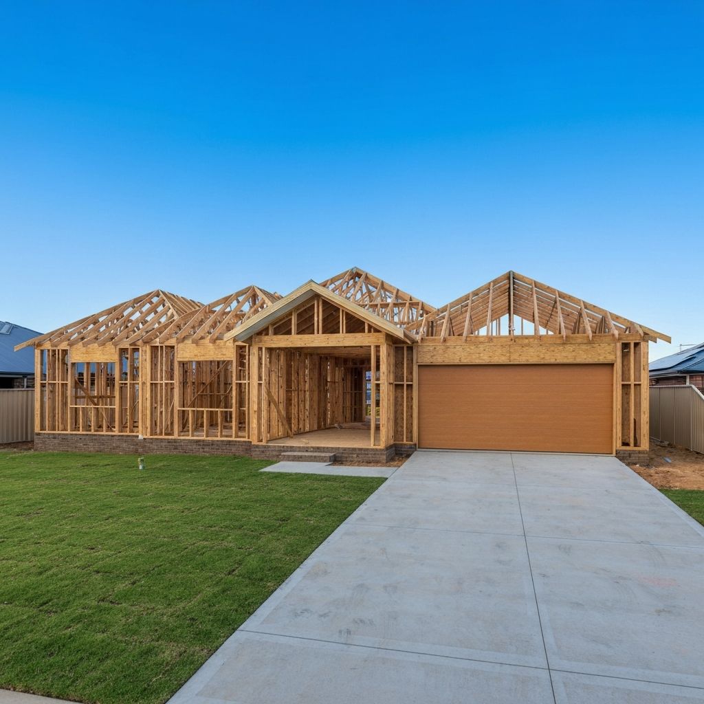 Bhatia Homes construction site — premium timber framing on a new custom home build
